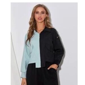 SHEIN Two-Tone Black & Light Blue Cropped Bomber Jacket